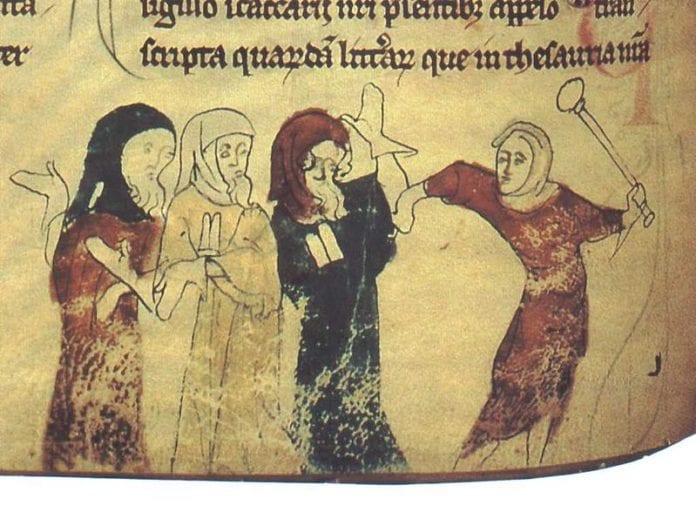Vold mot jøder som illustrasjon i en gammel britisk bok. (Scannet fra Four Gothic Kings, Elizabeth Hallam, ed., Wikimedia Commons) Vold mot jøder som illustrasjon i en gammel britisk bok. (Scannet fra Four Gothic Kings, Elizabeth Hallam, ed., Wikimedia Commons)
