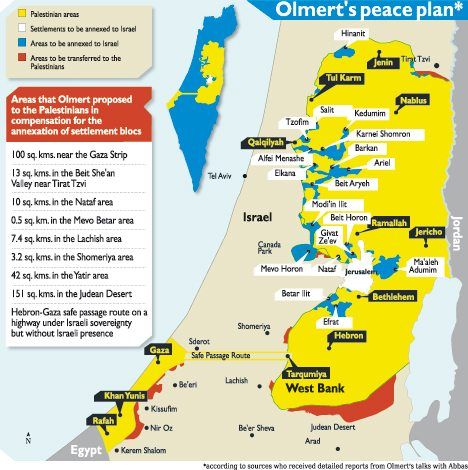 Dette kartet ble forkastet av PA-president Mahmoud Abbas i forhandlingene mellom Israel og de palestinske selvstyremyndighetene høsten 2008. Abbas nektet å skrive under på en avtale hvor palestinerne frasa seg alle framtidige territorielle krav. Dette kartet ble forkastet av PA-president Mahmoud Abbas i forhandlingene mellom Israel og de palestinske selvstyremyndighetene høsten 2008. Abbas nektet å skrive under på en avtale hvor palestinerne frasa seg alle framtidige territorielle krav.