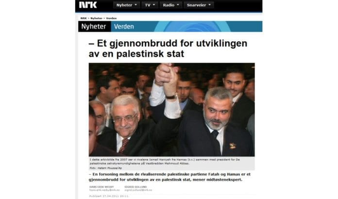 Forsoningsavtalen har aldri ført til noe forsoning mellom Hamas og Fatah, og langt mindre til noe gjennombrudd for en palestinsk stat. (Skjermdump fra nrk.no) Forsoningsavtalen har aldri ført til noe forsoning mellom Hamas og Fatah, og langt mindre til noe gjennombrudd for en palestinsk stat. (Skjermdump fra nrk.no)