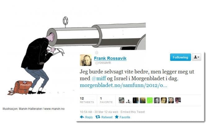Skjermdump av karikaturtegningen til Marvin Halleraker som fulgte Frank Rossaviks artikkel i Morgenbladet, og journalistens annonsering av egen artikkel på Twitter. Skjermdump av karikaturtegningen til Marvin Halleraker som fulgte Frank Rossaviks artikkel i Morgenbladet, og journalistens annonsering av egen artikkel på Twitter.
