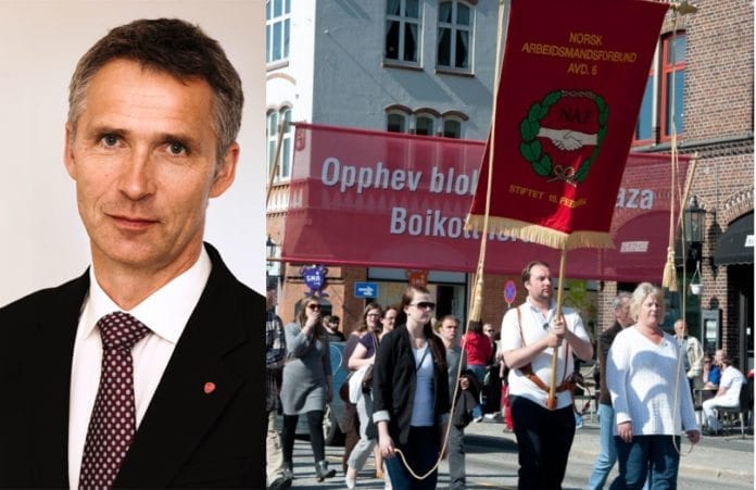 Jens Stoltenberg møter to utenrikspolitiske paroler under sin tale i Bergen. Begge lyver på Israel. (Foto: Statsministerens kontor og skjermdump fra LO Bergen) Jens Stoltenberg møter to utenrikspolitiske paroler under sin tale i Bergen. Begge lyver på Israel. (Foto: Statsministerens kontor og skjermdump fra LO Bergen)