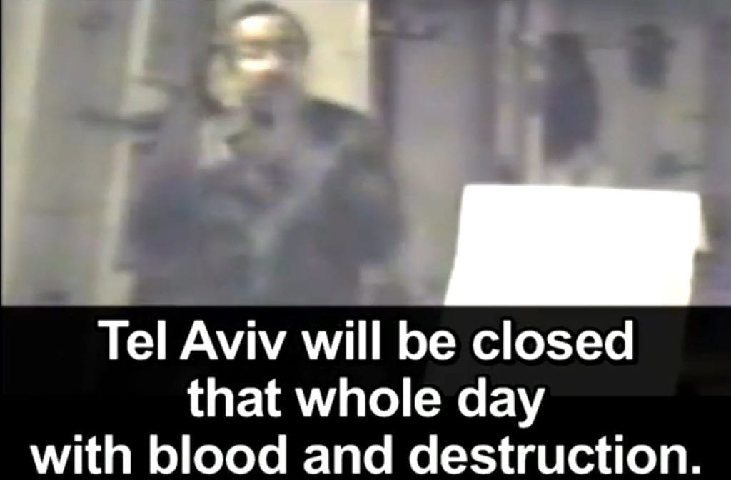 Skjermdump fra PA TV. Tv-stasjonen viser et arkivopptak hvor Abu Jihad taler om sine planer for Tel Aviv.