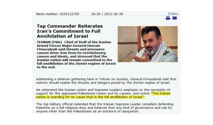 Generalmajorens trussel, slik den er gjengitt av det offisielle iranske nyhetsbyrået. (Skjermdump fra english.farsnews.com) Generalmajorens trussel, slik den er gjengitt av det offisielle iranske nyhetsbyrået. (Skjermdump fra english.farsnews.com)