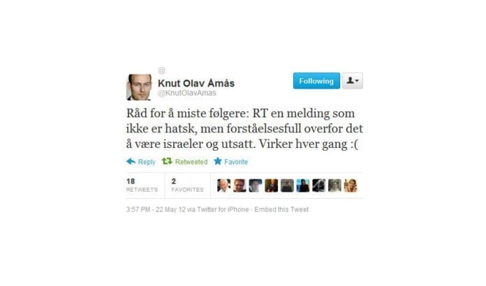 Knut Olav Åmås, kultur- og debattredaktør i Aftenposten, mistet følgere etter at han gjentok en Twitter-melding fra MIFFs online informatør Andreas Fagerbakke. Knut Olav Åmås, kultur- og debattredaktør i Aftenposten, mistet følgere etter at han gjentok en Twitter-melding fra MIFFs online informatør Andreas Fagerbakke.