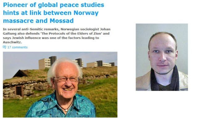 Den israelske avisen Ha'aretz omtaler 1. mai anklagene til Johan Galtung som hovedoppslag på sine nettsider. Konspirasjonene fra Galtung kan minne om konspirasjonene til Anders Behring Breivik. Den israelske avisen Ha'aretz omtaler 1. mai anklagene til Johan Galtung som hovedoppslag på sine nettsider. Konspirasjonene fra Galtung kan minne om konspirasjonene til Anders Behring Breivik.