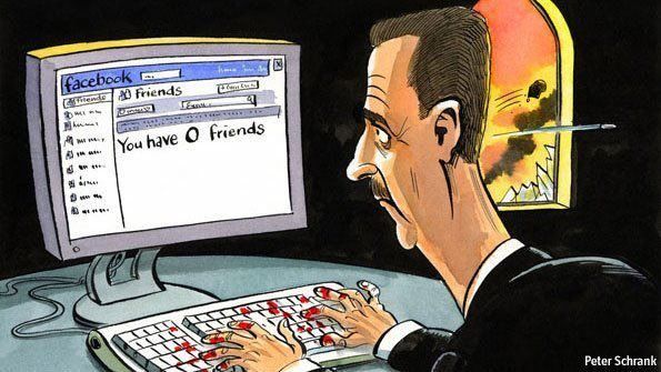 Syrisk karikatur viser Syrias president Bashar Assad med blod på hendene, i det han sjekker vennelisten på Facebook. Teksten på skjermen lyder: Syrisk karikatur viser Syrias president Bashar Assad med blod på hendene, i det han sjekker vennelisten på Facebook. Teksten på skjermen lyder: