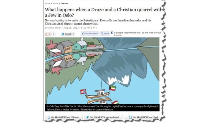 Akiva Eldars artikkel er illustrert med et skip på en norsk fjord, med norsk og palestinsk flagg. Den israelske tegneren har forstått at det er politisk korrekt å holde det israelske flagget unna. (Skjermdump fra haaretz.com) Akiva Eldars artikkel er illustrert med et skip på en norsk fjord, med norsk og palestinsk flagg. Den israelske tegneren har forstått at det er politisk korrekt å holde det israelske flagget unna. (Skjermdump fra haaretz.com)