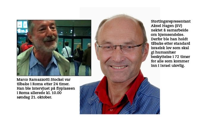 Marco Ramazzotti Stockel og Aksel Hagen (SV) kom begge til havn i Ashdod lørdag kveld. Allerede søndag morgen var italieneren hjemme i Roma. Aksel Hagen måtte vente i tre døgn fordi han nektet å samarbeide med israelske myndigheter. Marco Ramazzotti Stockel og Aksel Hagen (SV) kom begge til havn i Ashdod lørdag kveld. Allerede søndag morgen var italieneren hjemme i Roma. Aksel Hagen måtte vente i tre døgn fordi han nektet å samarbeide med israelske myndigheter.