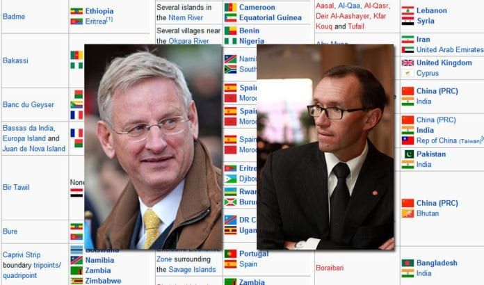 Sveriges utenrikminister Carl Bildt, Norges Espen Barth Eide og de andre nordiske utenriksministrene lukker øynene for utbygging i minst 150 territorielle konflikter rundt omkring i verden, men jøder som bygger på Vestbredden vekker like stor bekymring som syriske massakrer. (Foto: Bengt Nyman, Arbeiderpartiet, skjermdump fra http://en.wikipedia.org/wiki/List_of_territorial_disputes) Sveriges utenrikminister Carl Bildt, Norges Espen Barth Eide og de andre nordiske utenriksministrene lukker øynene for utbygging i minst 150 territorielle konflikter rundt omkring i verden, men jøder som bygger på Vestbredden vekker like stor bekymring som syriske massakrer. (Foto: Bengt Nyman, Arbeiderpartiet, skjermdump fra http://en.wikipedia.org/wiki/List_of_territorial_disputes)