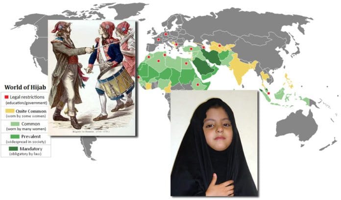 Kartet viser status for hijab-bruk og land med restriksjoner i år 2008. Oppe til venstre er eksempel på hodeplaggene og konkardene som ble brukt av franske revolusjonære på 1790-tallet. (Kilde: Wikimedia Commons) Kartet viser status for hijab-bruk og land med restriksjoner i år 2008. Oppe til venstre er eksempel på hodeplaggene og konkardene som ble brukt av franske revolusjonære på 1790-tallet. (Kilde: Wikimedia Commons)