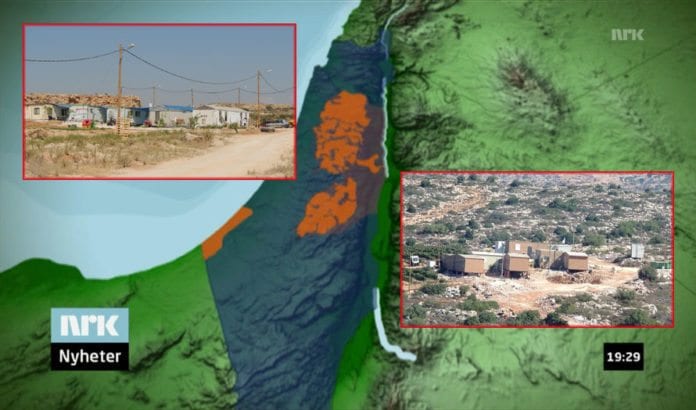 De åtte brakkene i utposten Nahalei Tal (t.h.) og de fem brakkene i utposten Tzofim North (t.v.) er med på å knuse drømmen om en palestinsk stat, ifølge NRK Dagsrevyen. (Kart er skjermdump fra NRK, utpostbilder fra Peace Now, montasje MIFF) De åtte brakkene i utposten Nahalei Tal (t.h.) og de fem brakkene i utposten Tzofim North (t.v.) er med på å knuse drømmen om en palestinsk stat, ifølge NRK Dagsrevyen. (Kart er skjermdump fra NRK, utpostbilder fra Peace Now, montasje MIFF)