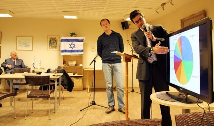 Israels ambassaderåd George Deek (t.h.) holder foredrag på møte i MIFF Drammen 7. februar 2013. Conrad Myrland, daglig leder i MIFF, er tolk. Til venstre sitter Karl Frode Hilton, leder av MIFF Drammen. (Foto: Alexander Bekkevold) Israels ambassaderåd George Deek (t.h.) holder foredrag på møte i MIFF Drammen 7. februar 2013. Conrad Myrland, daglig leder i MIFF, er tolk. Til venstre sitter Karl Frode Hilton, leder av MIFF Drammen. (Foto: Alexander Bekkevold)