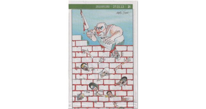 Karikaturtegningen som stod på trykk i Sunday Times 27. januar. Avisen har nå beklaget Karikaturtegningen som stod på trykk i Sunday Times 27. januar. Avisen har nå beklaget