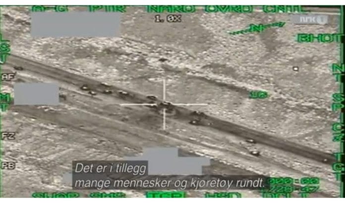 Skjermdump fra NRK Brennpunkt 12. mars 2013. Bildet er hentet fra et norsk F-16 som deltok i bombingen av Libya i 2011. Skjermdump fra NRK Brennpunkt 12. mars 2013. Bildet er hentet fra et norsk F-16 som deltok i bombingen av Libya i 2011.