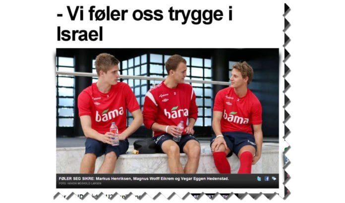 Landslagsspillerne sier til Aftenposten at de føler seg trygge i Israel. (Skjermdump fra Aftenposten.no) Landslagsspillerne sier til Aftenposten at de føler seg trygge i Israel. (Skjermdump fra Aftenposten.no)