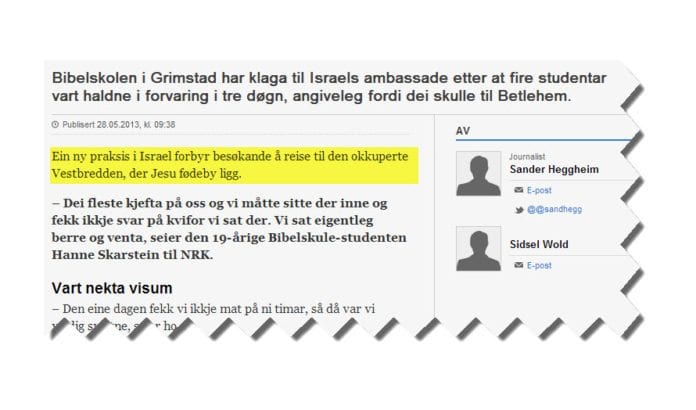 Skjermdump fra Nrk.no 7. juni 2013. Feilen har ligget i over én uke, selv om alle vet at den markerte setningen ikke har rot i virkeligheten. Skjermdump fra Nrk.no 7. juni 2013. Feilen har ligget i over én uke, selv om alle vet at den markerte setningen ikke har rot i virkeligheten.