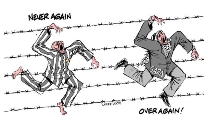 Denne karikaturtegningen av Carlos Latuff lå ute på hjemmesidene til Flanderns utdanningsdepartement, som en hjelpeoppgave for ferske lærere. Denne karikaturtegningen av Carlos Latuff lå ute på hjemmesidene til Flanderns utdanningsdepartement, som en hjelpeoppgave for ferske lærere.