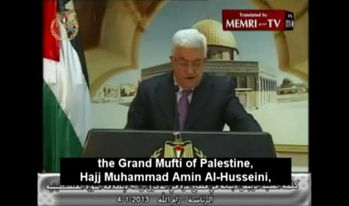 Mahmoud Abbas hyllet nazi-støttespilleren Hajj Muhammad Amin Al-Husseini i sin tv-sendte tale under Fatah-jubileet i januar 2013. Mahmoud Abbas hyllet nazi-støttespilleren Hajj Muhammad Amin Al-Husseini i sin tv-sendte tale under Fatah-jubileet i januar 2013.