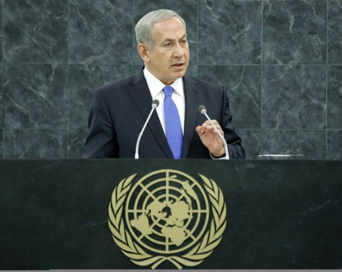 Israels statsminister Benjamin Netanyahu talte for FNs generalforsamling, 1. oktober 2013. (Foto: Evan Schneider, UN Photo) Israels statsminister Benjamin Netanyahu talte for FNs generalforsamling, 1. oktober 2013. (Foto: Evan Schneider, UN Photo)