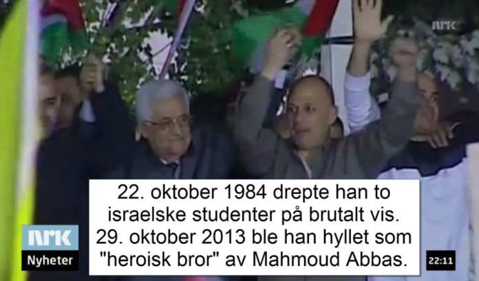 PA-president Mahmoud Abbas hyller terroristen Issa Abd Rabbo. (Skjermdump fra NRK Urix 30. oktober 2013) PA-president Mahmoud Abbas hyller terroristen Issa Abd Rabbo. (Skjermdump fra NRK Urix 30. oktober 2013)