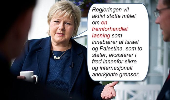 Erna Solbergs regjering er sannsynligvis den første norske regjering som nevner Palestina i sin regjeringsplattform. (Foto: CF-Weenberg, Erna Solbergs flickr-konto) Erna Solbergs regjering er sannsynligvis den første norske regjering som nevner Palestina i sin regjeringsplattform. (Foto: CF-Weenberg, Erna Solbergs flickr-konto)