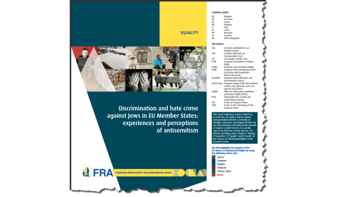 Forsiden på EUs byrå for fundamentale rettigheters (FRA) første rapport om europeiske jøders oppfattelsen av antisemittismens utvikling i Europa. (Foto: Skjermdump fra fra.europa.eu) Forsiden på EUs byrå for fundamentale rettigheters (FRA) første rapport om europeiske jøders oppfattelsen av antisemittismens utvikling i Europa. (Foto: Skjermdump fra fra.europa.eu)