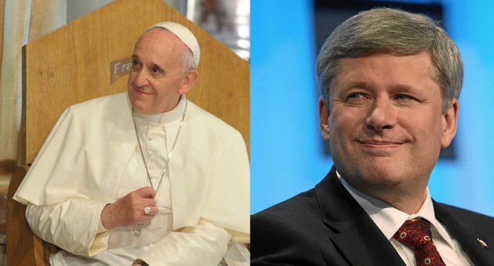 Den katolske paven Francis (f.v.) besøker Israel i mai, mens Canadas statsminister Stephen Harper kommer allerede i januar. (Foto: Montasje av to bilder fra Wikimedia Commons) Den katolske paven Francis (f.v.) besøker Israel i mai, mens Canadas statsminister Stephen Harper kommer allerede i januar. (Foto: Montasje av to bilder fra Wikimedia Commons)