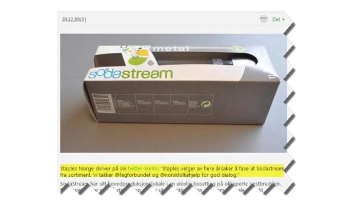 Slik ble sporet av boikott-presset fjernet: Etter at MIFF sendte spørsmål til Staples ble Twitter-meldingen fjernet. Siden ble også referansen til Twitter-meldingen fjernet fra nettsiden til Norsk Folkehjelp. (Skjermdump fra folkehjelp.no 23. desember 2013) Slik ble sporet av boikott-presset fjernet: Etter at MIFF sendte spørsmål til Staples ble Twitter-meldingen fjernet. Siden ble også referansen til Twitter-meldingen fjernet fra nettsiden til Norsk Folkehjelp. (Skjermdump fra folkehjelp.no 23. desember 2013)