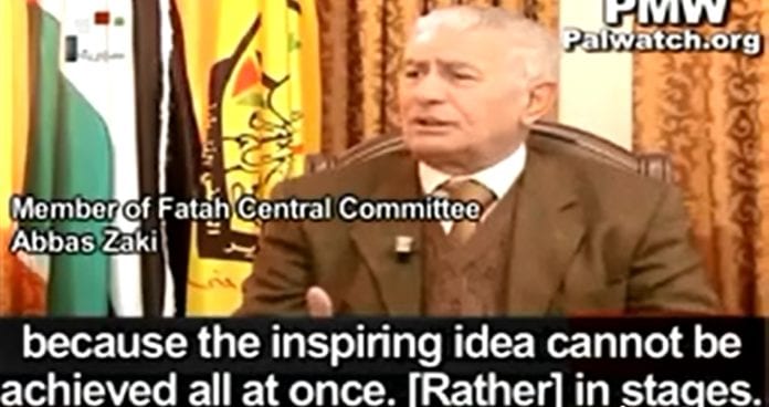 PA-talsmann Abbas Zaki snakker om palestinsk statsdannelse som et ledd på veien mot å utslette Israel (Skjermdump fra syrisk TV via PMW). PA-talsmann Abbas Zaki snakker om palestinsk statsdannelse som et ledd på veien mot å utslette Israel (Skjermdump fra syrisk TV via PMW).