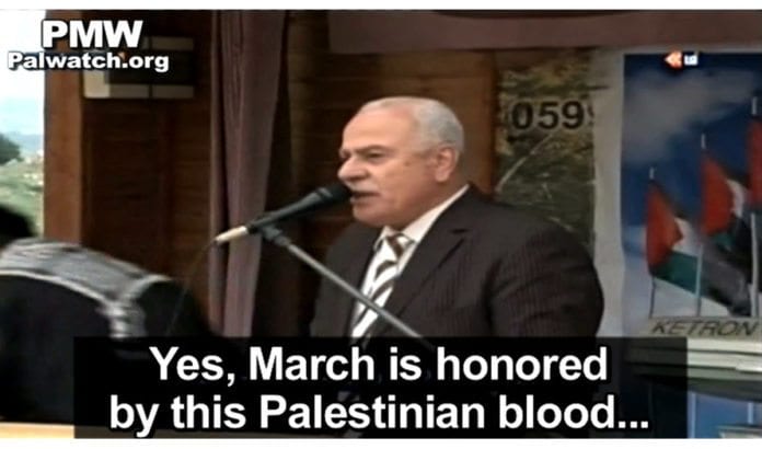 Rådgiver til PA-president Mahmoud Abbas, Sultan Abu Al-Einein, hedrer Dalal Mughrabi i en tv-sendt tale i mars 2014. (Skjermdump fra PA TV, via PMW) Rådgiver til PA-president Mahmoud Abbas, Sultan Abu Al-Einein, hedrer Dalal Mughrabi i en tv-sendt tale i mars 2014. (Skjermdump fra PA TV, via PMW)