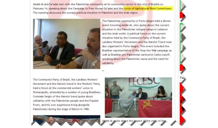I vinter har ledere i terrororganisasjonen PFLP vært på besøk i Brasil, hvor de også, ifølge PFLPs egen nettside, har snakket om Union of Agricultural Work Committees, en av Norsk Folkehjelps samarbeidspartnere. (Foto: Nettsiden til PFLP) I vinter har ledere i terrororganisasjonen PFLP vært på besøk i Brasil, hvor de også, ifølge PFLPs egen nettside, har snakket om Union of Agricultural Work Committees, en av Norsk Folkehjelps samarbeidspartnere. (Foto: Nettsiden til PFLP)