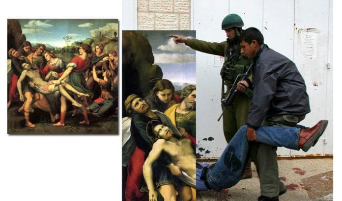 Raphaels maleri fra 1507 viser hvordan Jesus blir båret bort til graven (t.v.). Palestinske myndigheter har manipulert maleriet slik at det viser en jeanskledd Jesus som bæres bort etter ordre fra en israelsk soldat. Raphaels maleri fra 1507 viser hvordan Jesus blir båret bort til graven (t.v.). Palestinske myndigheter har manipulert maleriet slik at det viser en jeanskledd Jesus som bæres bort etter ordre fra en israelsk soldat.