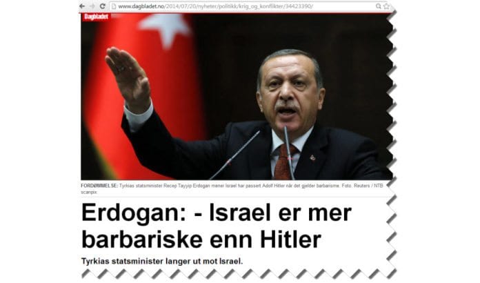 Var det bevisst da Dagbladet.no valgte illustrasjonsbilde til Erdogans sterke anklager mot Israel? Her er den tyrkiske statsministeren selv tilsynelatende midt i en Hitlerhilsen. (Skjermdump fra Dagbladet.no) Var det bevisst da Dagbladet.no valgte illustrasjonsbilde til Erdogans sterke anklager mot Israel? Her er den tyrkiske statsministeren selv tilsynelatende midt i en Hitlerhilsen. (Skjermdump fra Dagbladet.no)
