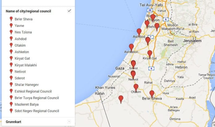 Disse byene i Israel ble rammet av rakettangrep fra Gaza mandag. (Foto: Skjermdump av kartsøk utført av Ha'aretz i Google Maps) Disse byene i Israel ble rammet av rakettangrep fra Gaza mandag. (Foto: Skjermdump av kartsøk utført av Ha'aretz i Google Maps)