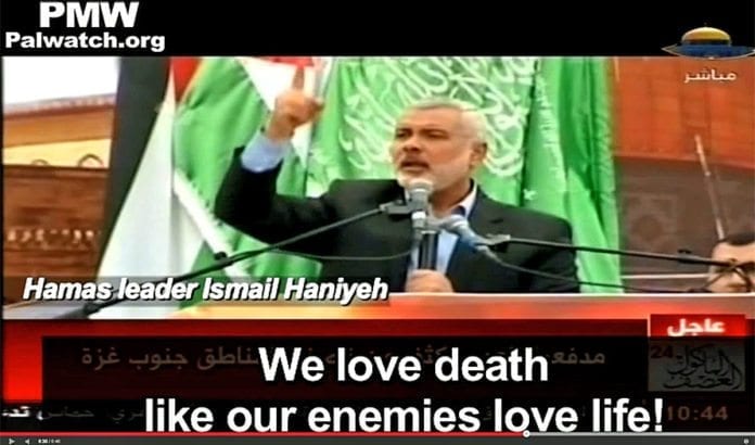 Hamas' tidligere regjeringsleder proklamerer på tv at Hamas elsker døden. (Foto: Skjermdump fra PMW / YouTube) Hamas' tidligere regjeringsleder proklamerer på tv at Hamas elsker døden. (Foto: Skjermdump fra PMW / YouTube)