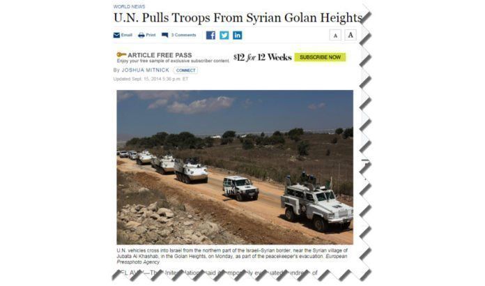 FN-styrker rømmer fra krigsherjede Syria til trygghet i Israel. (Skjermdump fra Wall Street Journal) FN-styrker rømmer fra krigsherjede Syria til trygghet i Israel. (Skjermdump fra Wall Street Journal)
