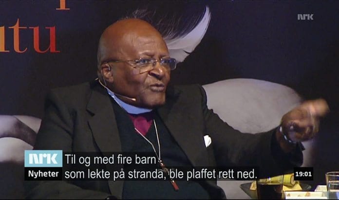 Erkebiskop Desmond Tutu lyver om Israels krigføring på NRK Dagsrevyen 22. september 2014. (Skjermdump fra NRK) Erkebiskop Desmond Tutu lyver om Israels krigføring på NRK Dagsrevyen 22. september 2014. (Skjermdump fra NRK)