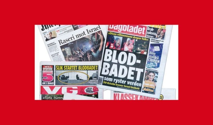Fra forsidene til norske aviser 1. juni 2010, etter at voldelige islamister hadde møtt israelske spesialsoldater med vold ombord på skipet Mavi Marmara. Islamistene forsøkte å bryte den lovlige israelske sjøblokaden av Hamas-regimet på Gaza-stripen. Fra forsidene til norske aviser 1. juni 2010, etter at voldelige islamister hadde møtt israelske spesialsoldater med vold ombord på skipet Mavi Marmara. Islamistene forsøkte å bryte den lovlige israelske sjøblokaden av Hamas-regimet på Gaza-stripen.