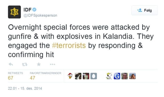 IDF meldte på Twitter om skyting og bombekasting to timer før NRK utelot informasjonen. (Foto: Skjermdump fra Twitter) IDF meldte på Twitter om skyting og bombekasting to timer før NRK utelot informasjonen. (Foto: Skjermdump fra Twitter)