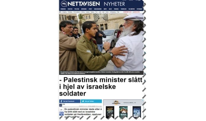 10. desember 2014 slo NTB opp en løgnaktig anklage med sitatstrek fra en palestinsk kilde. Nettavisen, Dagen og ABC Nyheter var blant nettavisene som ukritisk videreformidlet overskriften. (Skjermdump fra Nettavisen)
