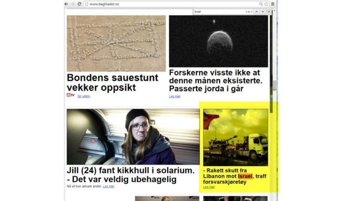 Langt nede på forsiden til Dagbladet.no blir angrepet mot Israel omtalt. (Skjermdump fra Dagbladet.no kl. 12.55 onsdag 28. januar 2015.) Langt nede på forsiden til Dagbladet.no blir angrepet mot Israel omtalt. (Skjermdump fra Dagbladet.no kl. 12.55 onsdag 28. januar 2015.)