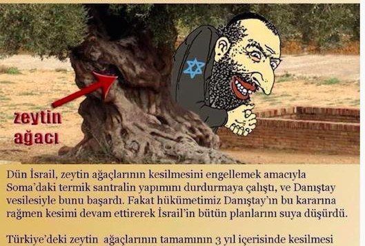 Fra et flygeblad distribuert av tyrkiske islamister, hvor det blir hevdet at Israel planter oliventrær for å beskytte jøder på Dommens dag. (Faksmile via Memri) Fra et flygeblad distribuert av tyrkiske islamister, hvor det blir hevdet at Israel planter oliventrær for å beskytte jøder på Dommens dag. (Faksmile via Memri)