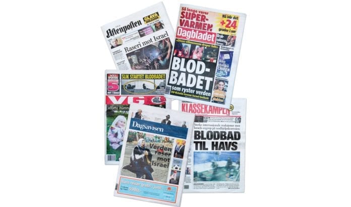 Da radikale islamister forsøkte å bryte sjøblokaden av Gaza-stripen 31. mai 2010, ble de stanset av israelske spesialsoldater. De norske storavisene ryddet forsidene og rettet bloddryppende anklager mot Israel. (Faksmiler) Da radikale islamister forsøkte å bryte sjøblokaden av Gaza-stripen 31. mai 2010, ble de stanset av israelske spesialsoldater. De norske storavisene ryddet forsidene og rettet bloddryppende anklager mot Israel. (Faksmiler)