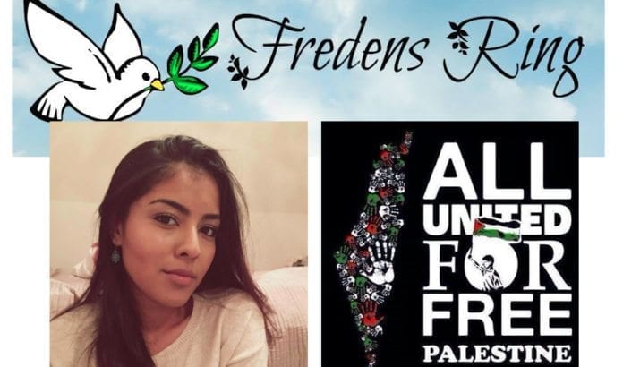 Harjah Arshad (t.v.) inviterer på Facebook til å slå fredens ring rundt synagogen i Oslo. I juli 2014 kan det virke som hun drømte om en framtid uten verdens eneste jødiske stat. (Foto: Privat/ Facebook)