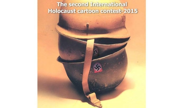 Slik annonserer et iransk kultursenter karikaturtegnekonkurranse med Holocaust som tema. Legg merke til symbolikken på hjelmene. (Foto: Iranian House of Cartoons hjemmeside) Slik annonserer et iransk kultursenter karikaturtegnekonkurranse med Holocaust som tema. Legg merke til symbolikken på hjelmene. (Foto: Iranian House of Cartoons hjemmeside)