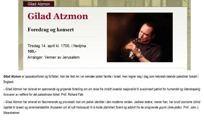 Klipp fra Litteraturhusets annonsering av arrangementet med Gilad Atzmon. (Foto: Skjermdump fra Litteraturhuset.no) Klipp fra Litteraturhusets annonsering av arrangementet med Gilad Atzmon. (Foto: Skjermdump fra Litteraturhuset.no)
