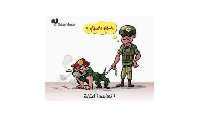 Gjennom karikaturer som denne markerer Hamas sin motstand mot de palestinske selvstyremyndighetenes sikkerhetssamarbeid med Israel. Gjennom karikaturer som denne markerer Hamas sin motstand mot de palestinske selvstyremyndighetenes sikkerhetssamarbeid med Israel.