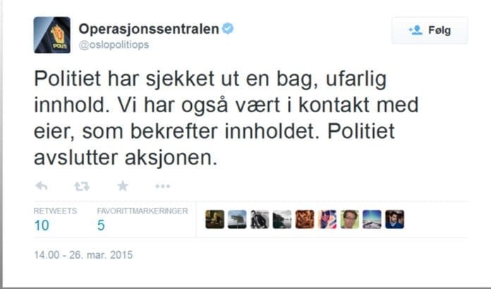 Den siste twittermeldingen fra Oslo-politiet om operasjonen ved synagogen torsdag kveld. (Foto: Skjermdump fra Twitter) Den siste twittermeldingen fra Oslo-politiet om operasjonen ved synagogen torsdag kveld. (Foto: Skjermdump fra Twitter)