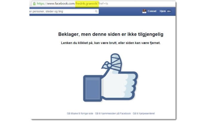 Siden som møter Conrad Myrland, daglig leder i MIFF, når han forsøker å besøke den offentlige Facebook-siden til TV2-journalisten Fredrik Græsvik. (Skjermdump kl. 14.00 torsdag 21. mai 2015) Siden som møter Conrad Myrland, daglig leder i MIFF, når han forsøker å besøke den offentlige Facebook-siden til TV2-journalisten Fredrik Græsvik. (Skjermdump kl. 14.00 torsdag 21. mai 2015)