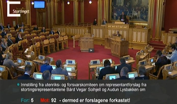 Bare SV stemte for å anerkjenne Palestina i Stortinget torsdag 28. mai 2015. (Foto: Skjermdump fra Stortingets nett-tv) Bare SV stemte for å anerkjenne Palestina i Stortinget torsdag 28. mai 2015. (Foto: Skjermdump fra Stortingets nett-tv)